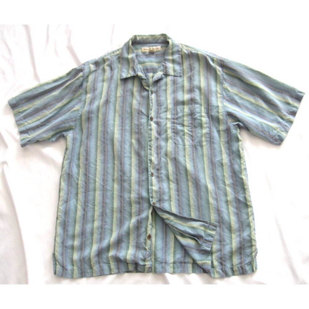 Y2K Tommy Bahama Silk Camp Shirt L Blue Green Vertical Stripe Dadcore Coastal